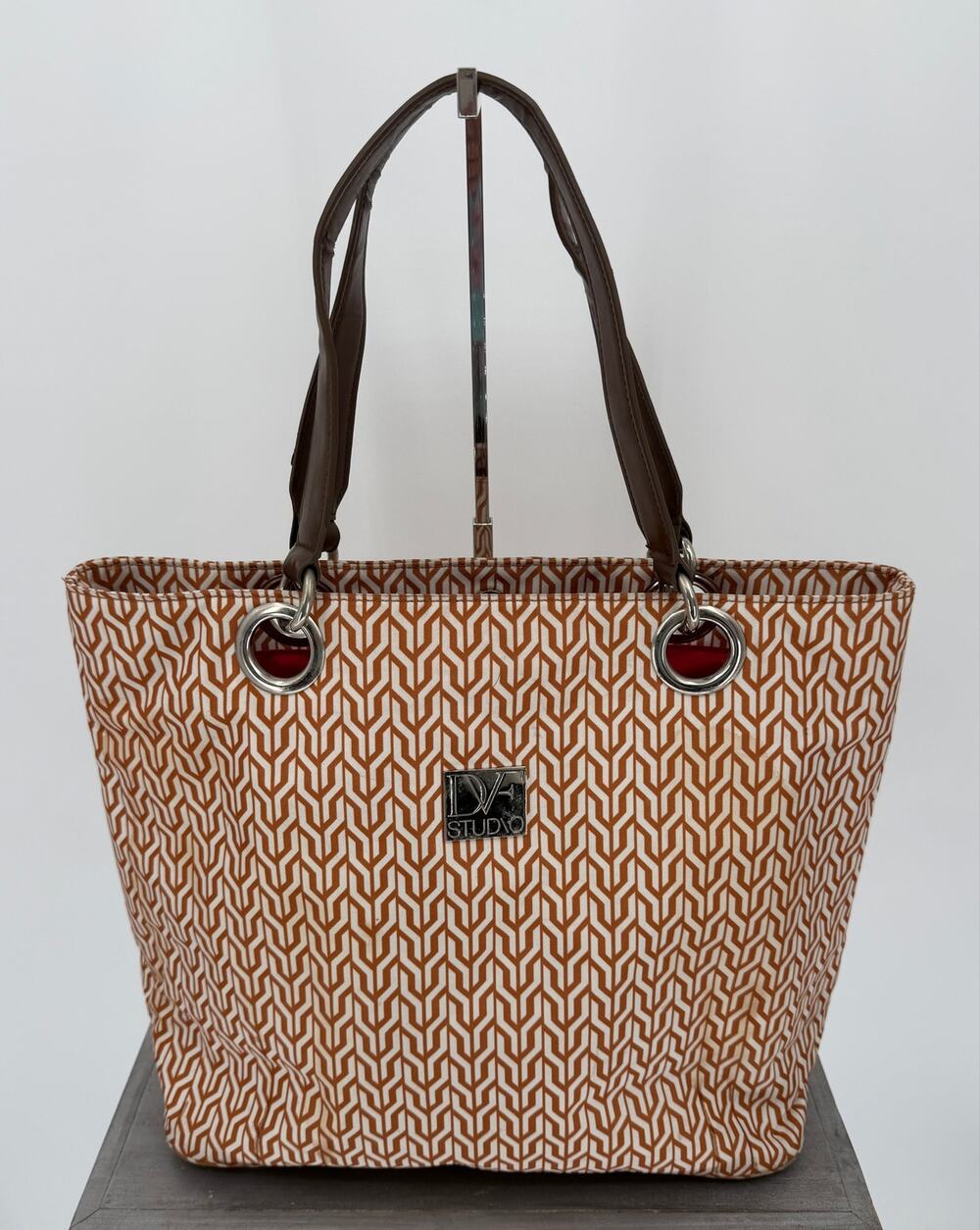 DVF Studio Brown White Geometric Tote Bag Laptop Travel Shoulder Purse Large